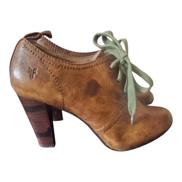 FRYE Brown Leather Miranda Stacked Heel Oxfords Lace Up Booties - Size 10 - Picture 1 of 11